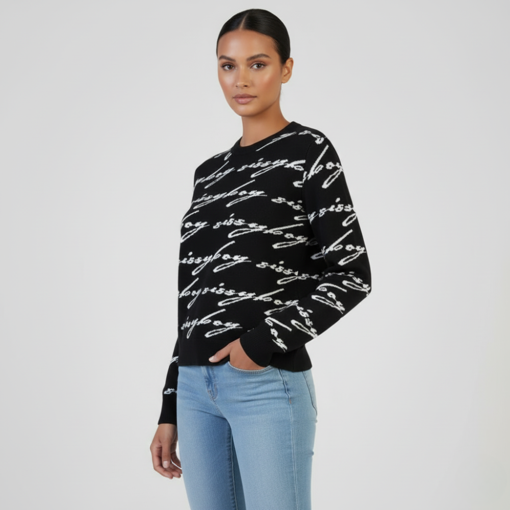 Black and white Sissy Boy knit top with logo print women’s winter fashion essential