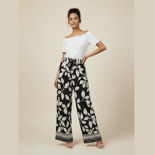 Leaf print wide leg trousers