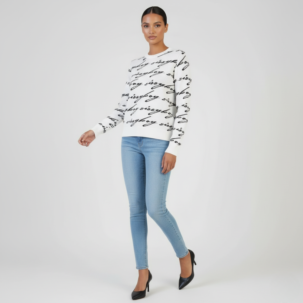 Sissy Boy See Me Knit Sweater women’s white knit jersey with black writing detail