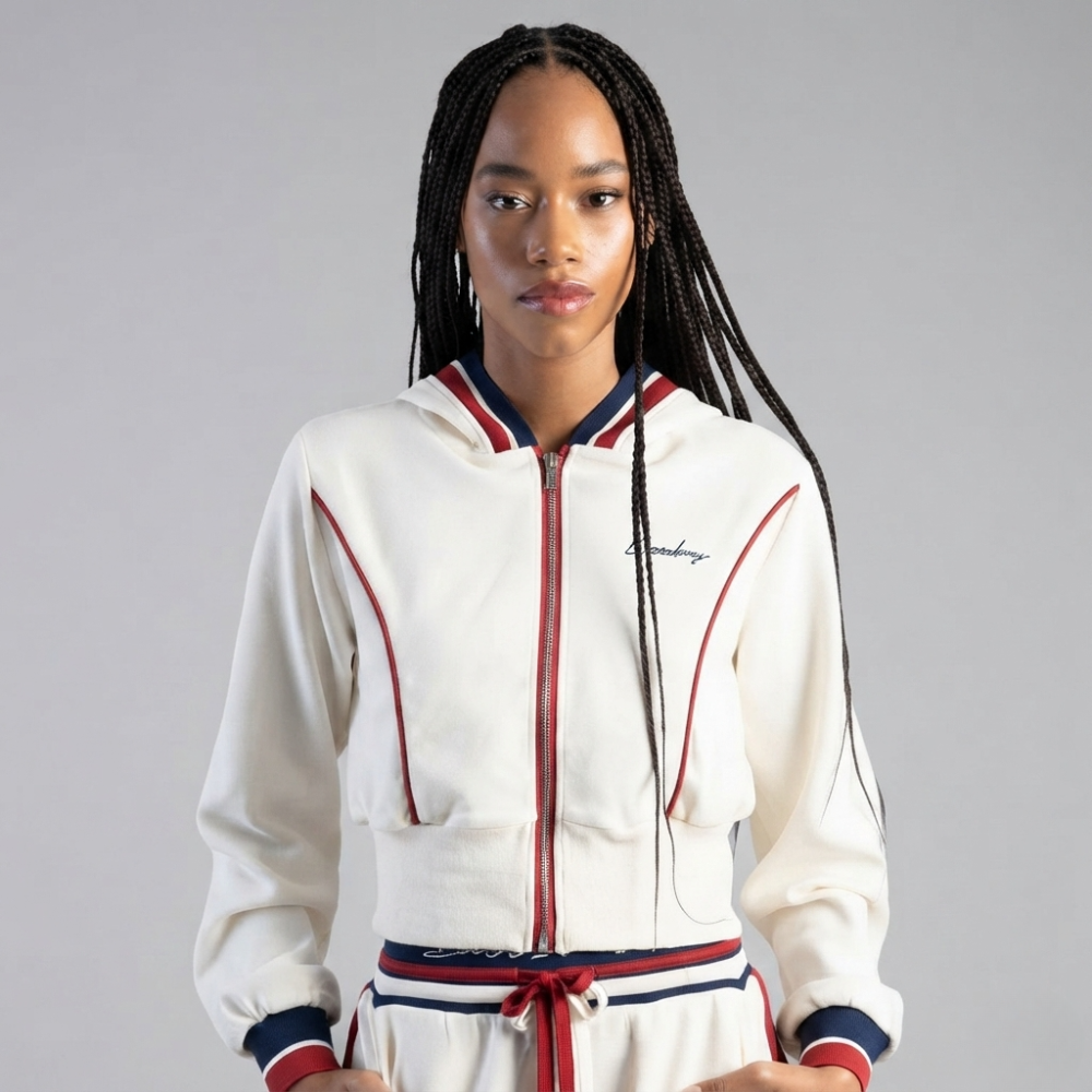 Cream Sissy Boy women's matching lounge set with zip-up hoodie, drawstring waist and wide leg pants