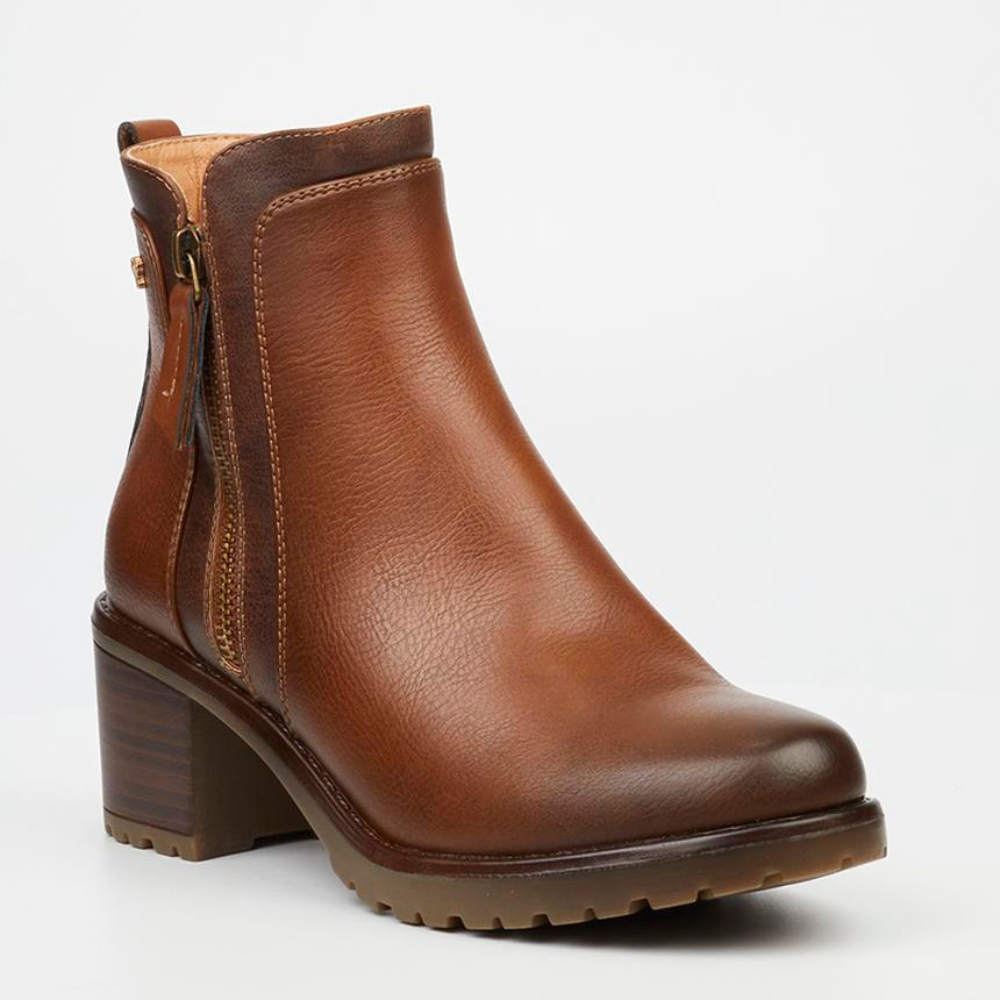Tan faux leather Butterfly Feet ankle boot with block heel for women
