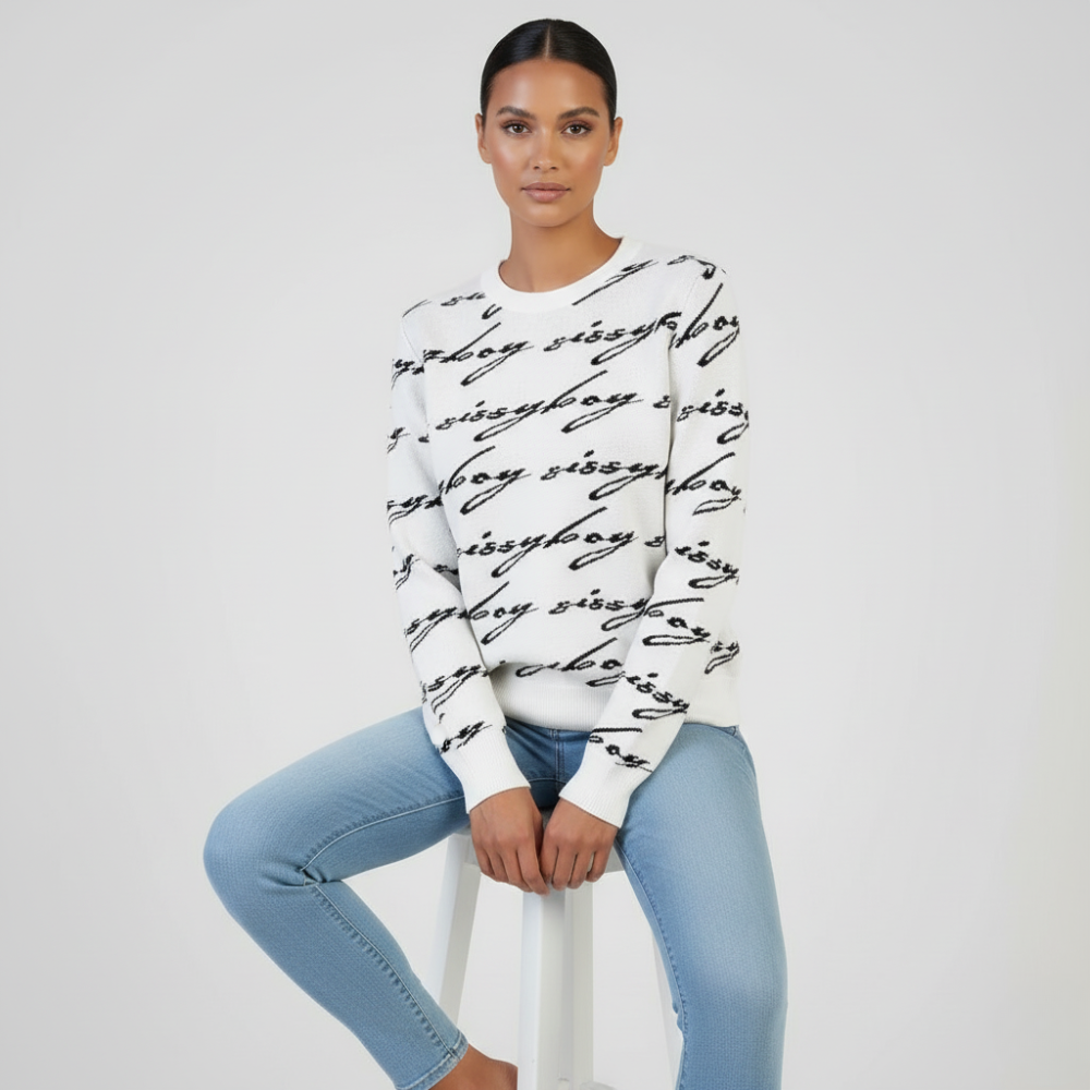 White Sissy Boy knit sweater with all-over logo print women’s fashion jersey