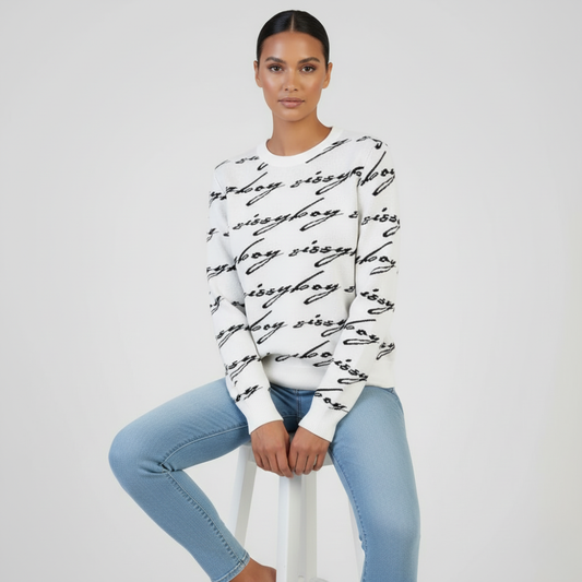 White Sissy Boy knit sweater with all-over logo print women’s fashion jersey