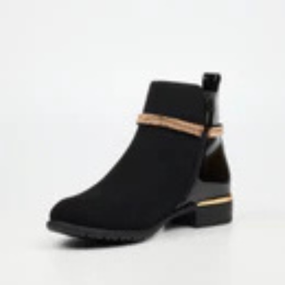 Black faux nubuck and patent ankle boot with almond toe and charm detail