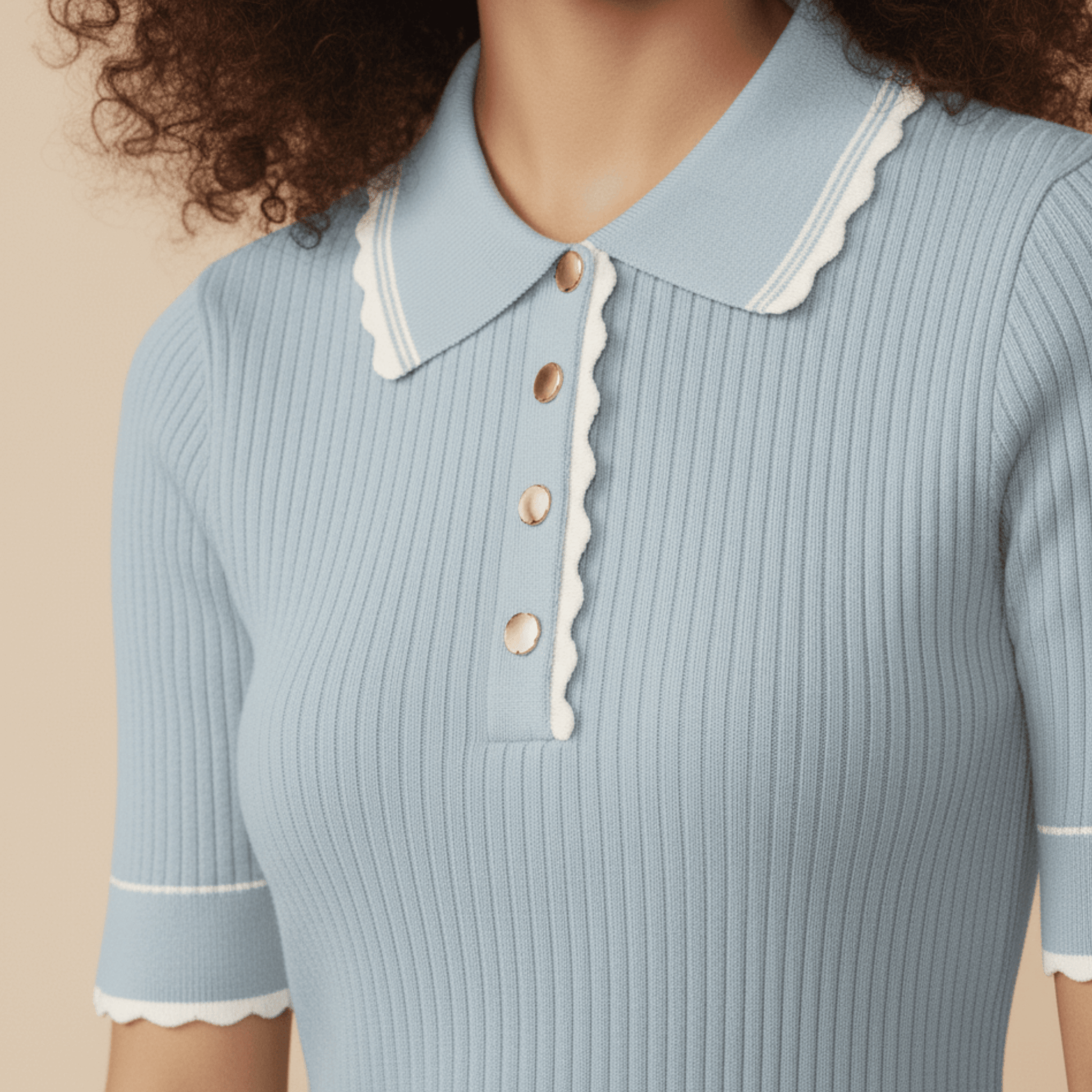 Elegant powder blue polo-style knit top