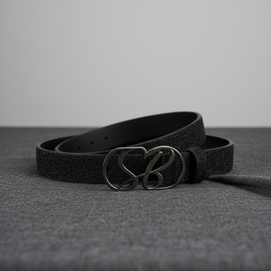 Stylish black glitter belt with SB logo buckle – Sissy Boy women’s accessory