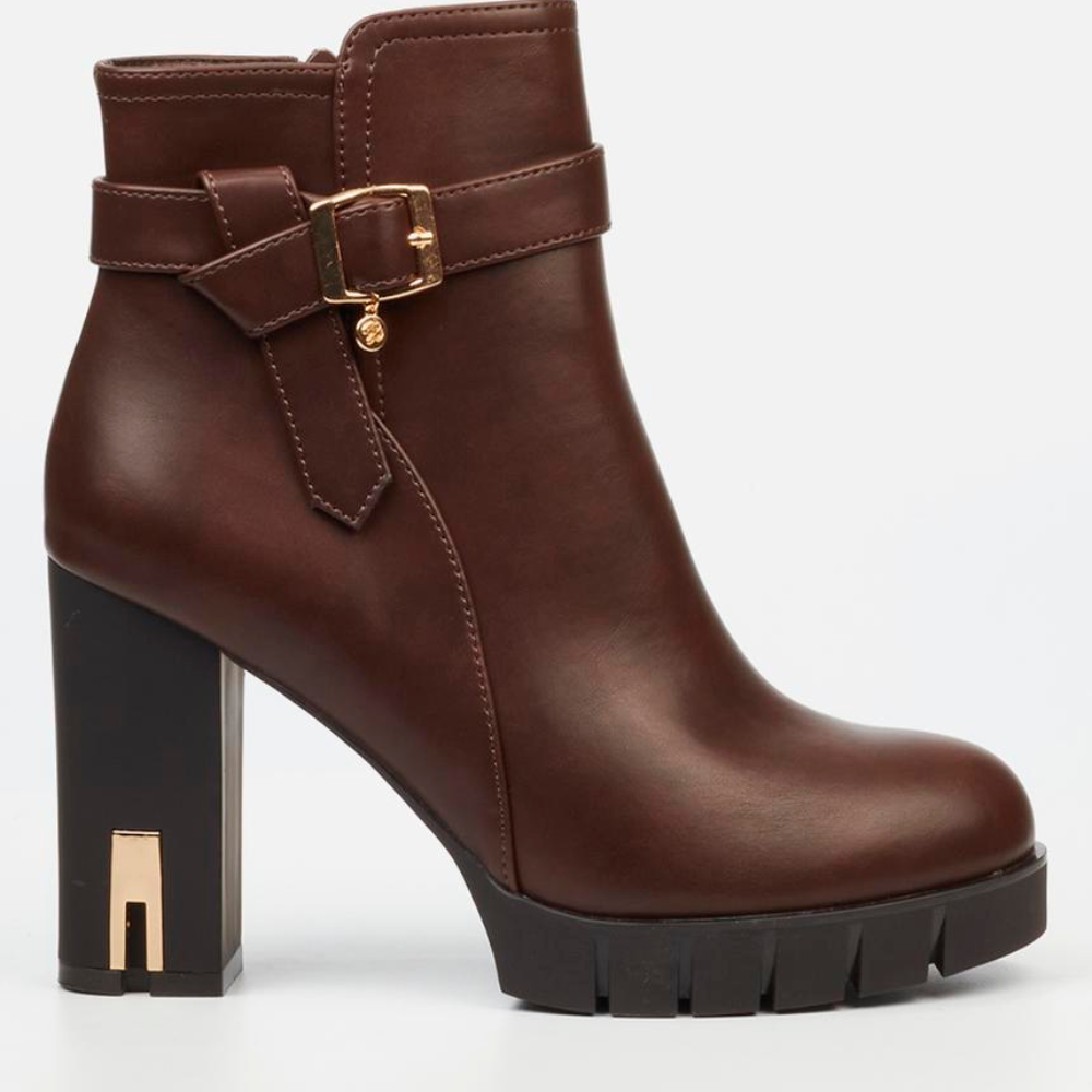 Miss Black Darling 3 chocolate brown ankle boot with gold buckle
