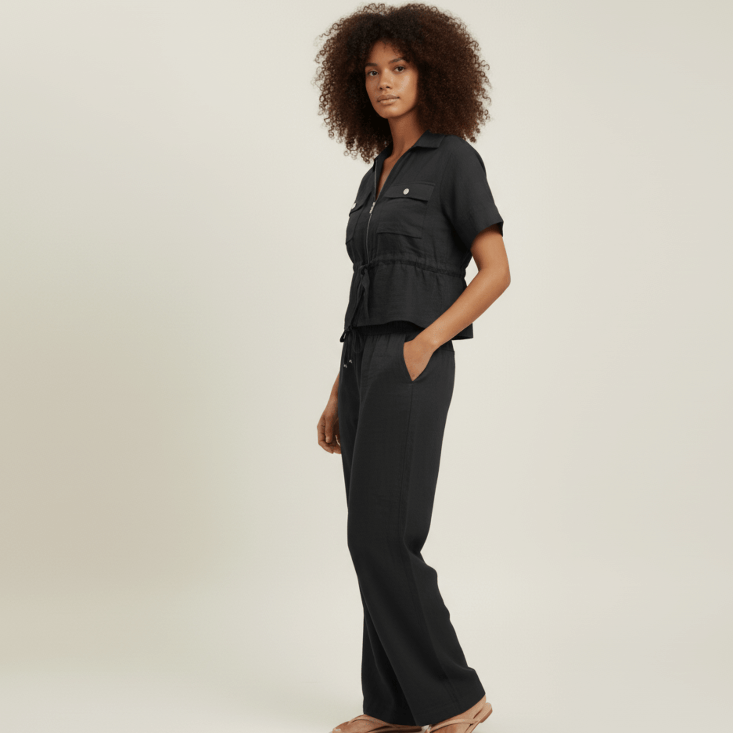 Modern Dynasty Black Luxe Lounge Set 1 short-sleeve top and wide-leg pants