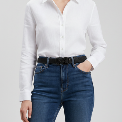 Trendy women’s black belt with glitter detail and signature SB buckle