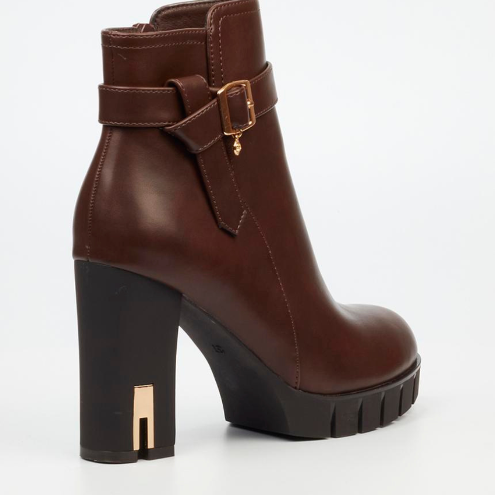 Women’s chocolate brown ankle boot by Miss Black with zip closure