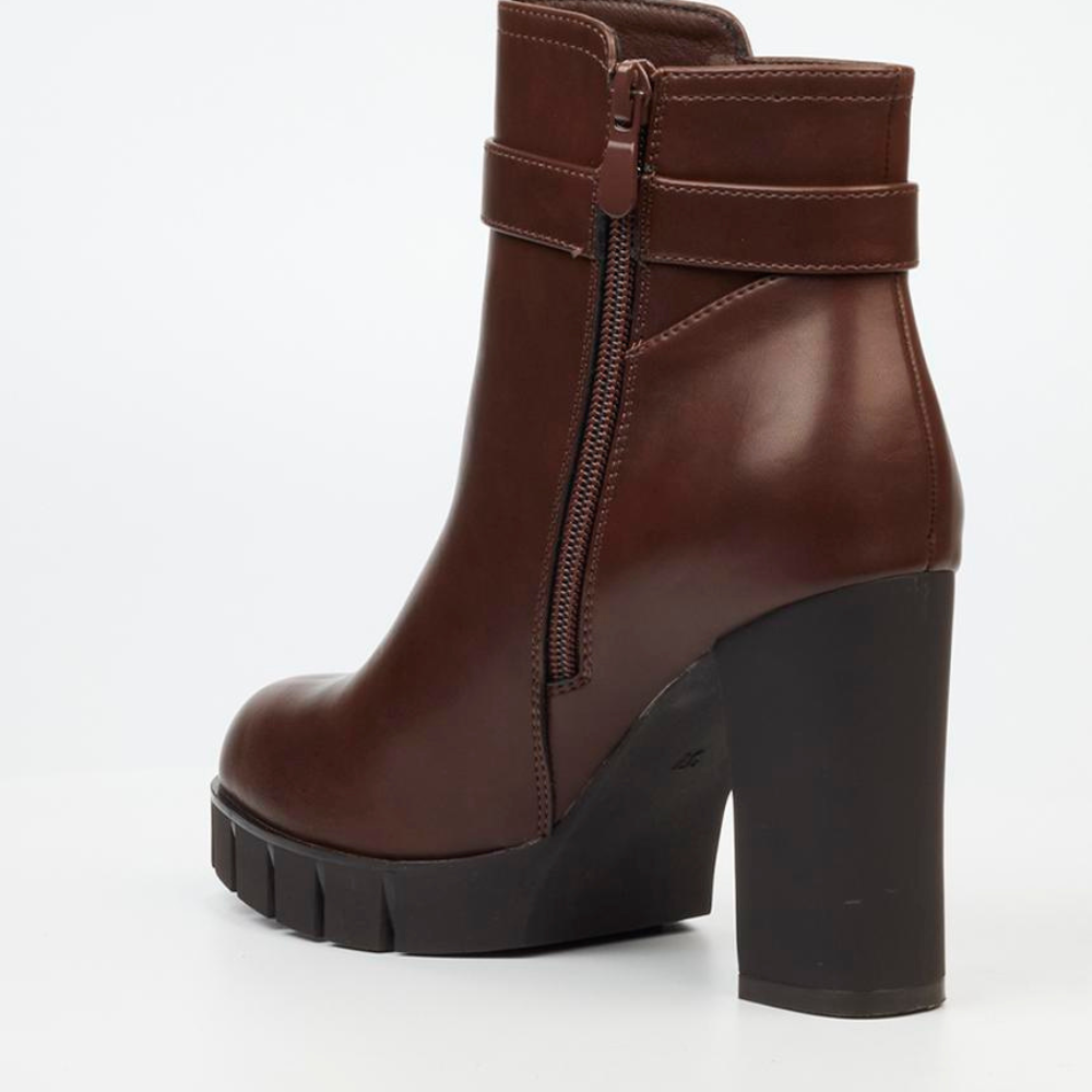 High block heel chocolate brown boot with decorative gold buckle