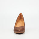 Brown pointy toe block heels with metal trim