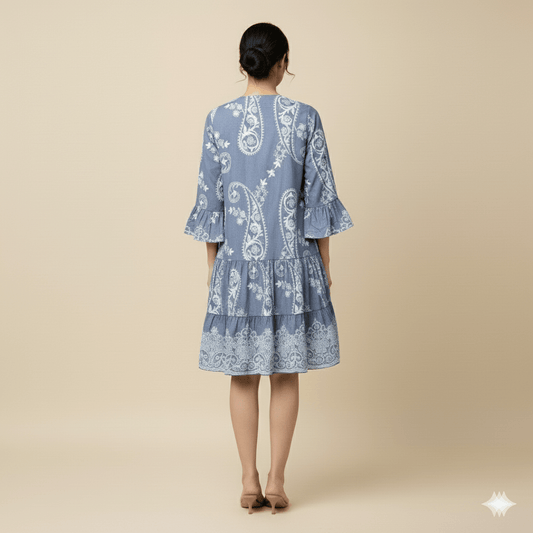 Women’s blue paisley print tiered dress with flowy skirt and V-neckline