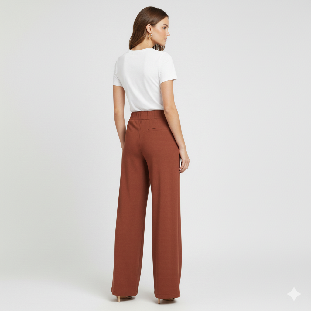 Rust high-waist Urban Luxe wide-leg trousers for stylish everyday wear by Modern Dynasty