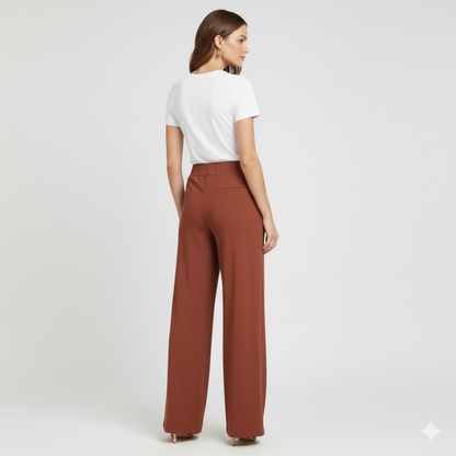 Rust high-waist Urban Luxe wide-leg trousers for stylish everyday wear by Modern Dynasty