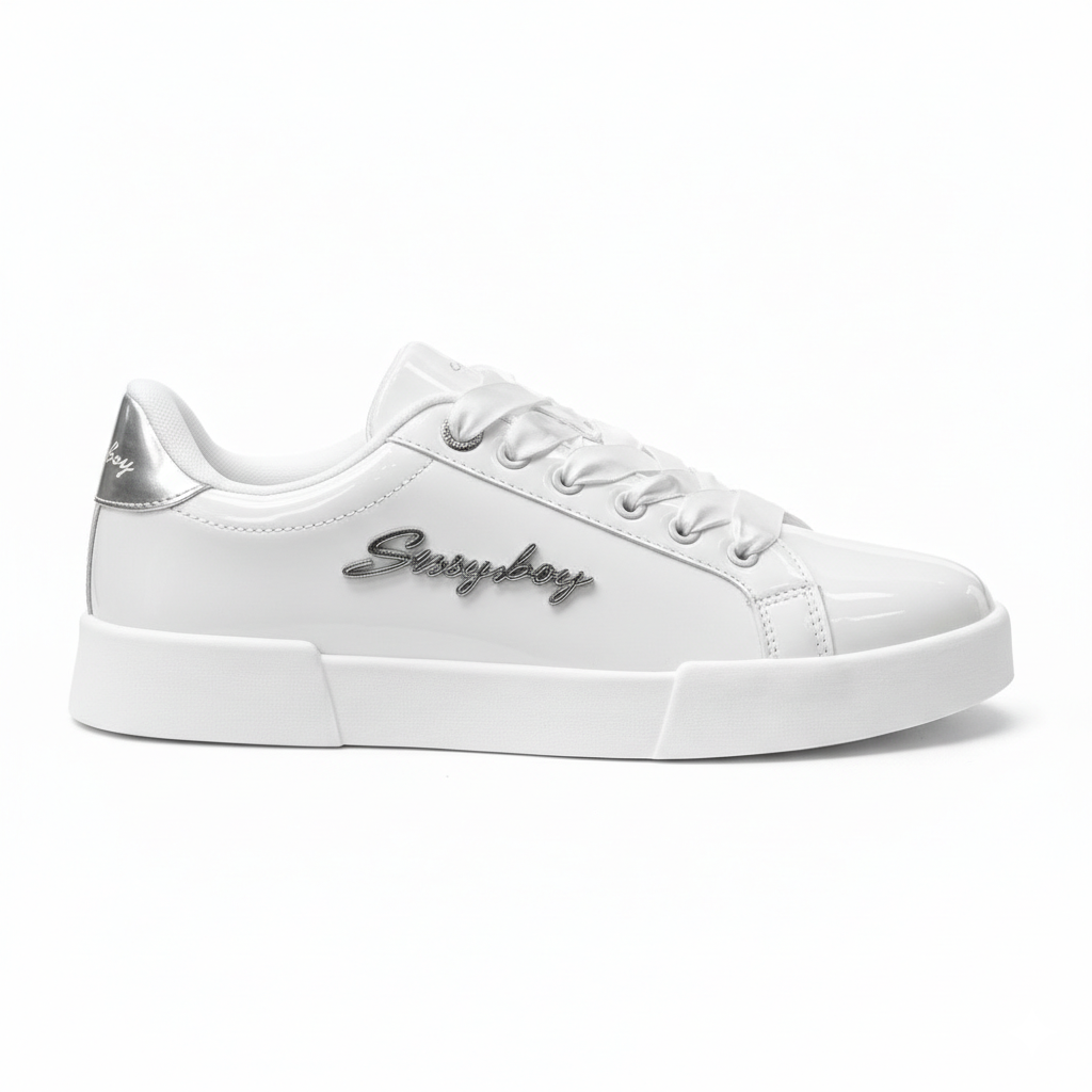 Sissy Boy Marty white patent sneaker with satin laces and silver logo side detail