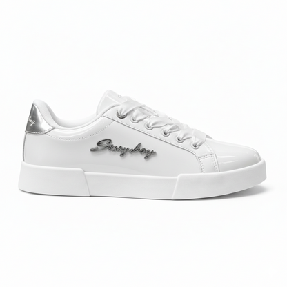 Sissy Boy Marty white patent sneaker with satin laces and silver logo side detail