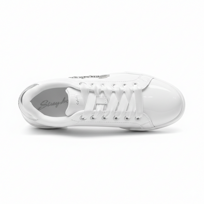 Women’s Sissy Boy Marty glossy white sneaker with cushioned insole and round toe