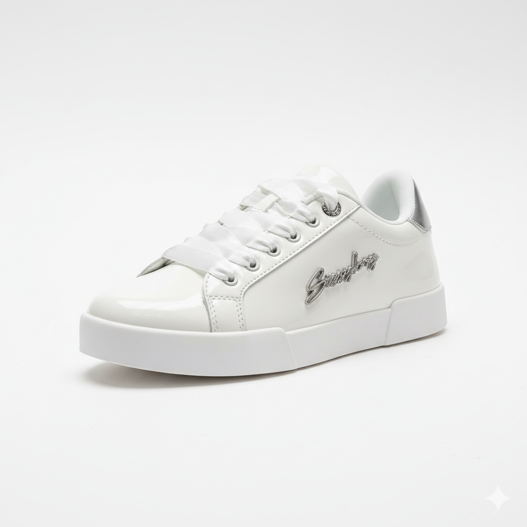 Sissy Boy Marty fashion sneaker in white patent with silver heel tab and logo