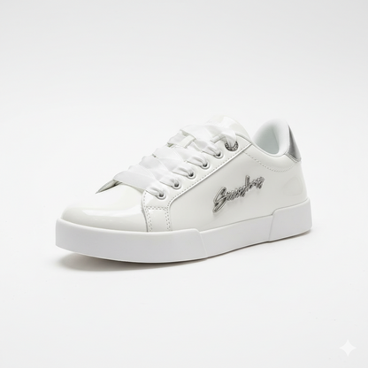 Sissy Boy Marty fashion sneaker in white patent with silver heel tab and logo