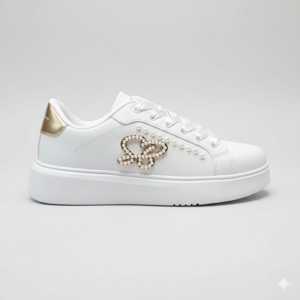 White Requel Pearl SB sneaker with pearl butterfly detail and satin laces
