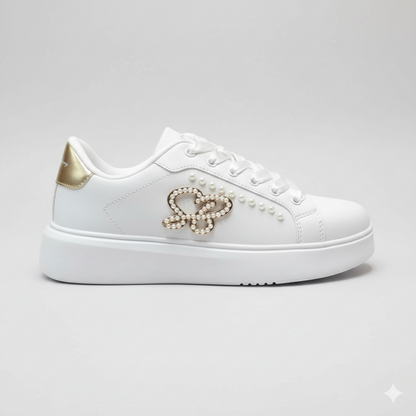 White Requel Pearl SB sneaker with pearl butterfly detail and satin laces
