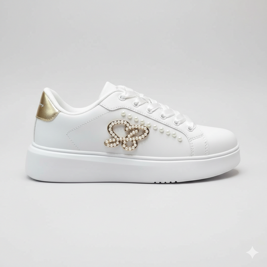 White Requel Pearl SB sneaker with pearl butterfly detail and satin laces