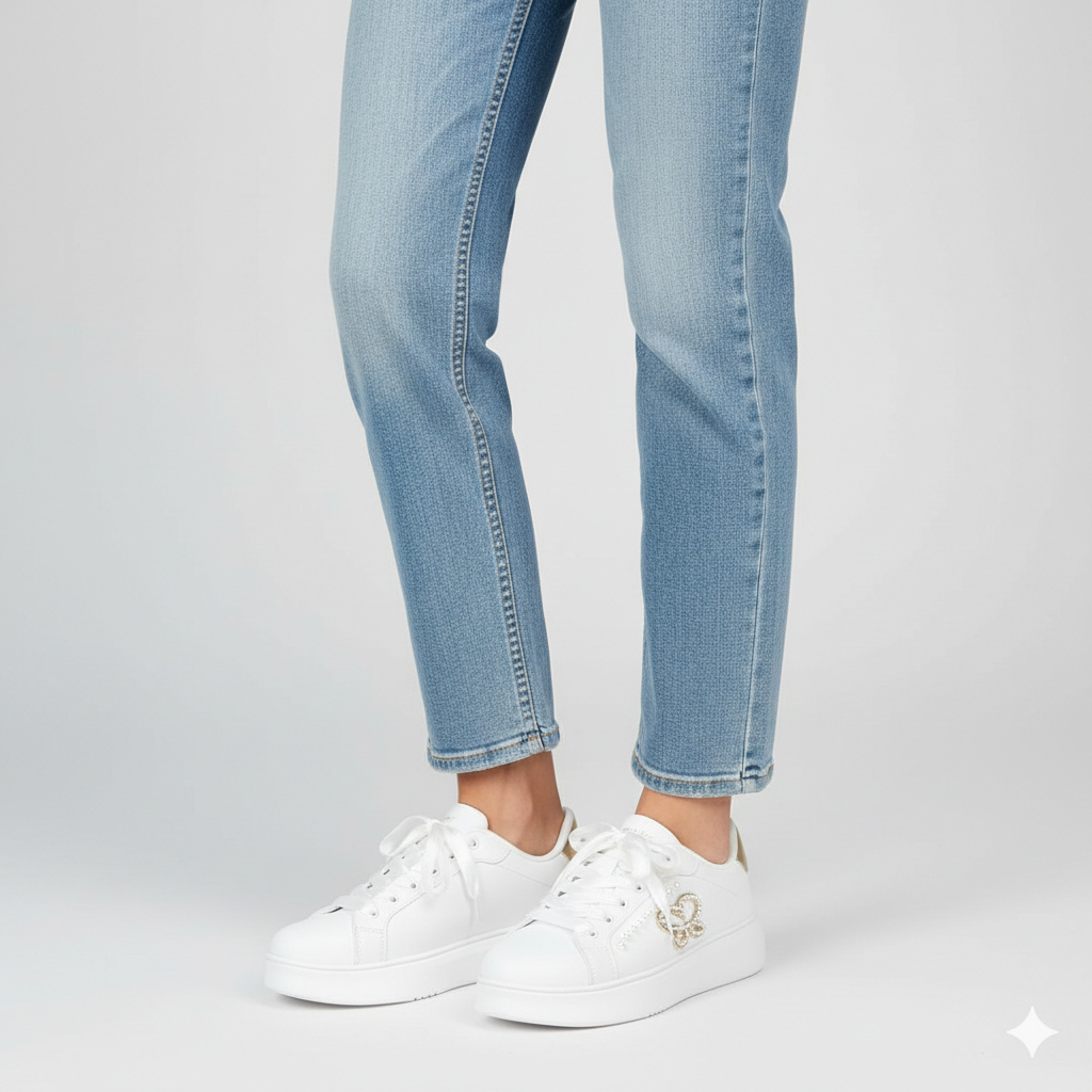 Women’s white platform sneaker with pearl studs and gold heel tab