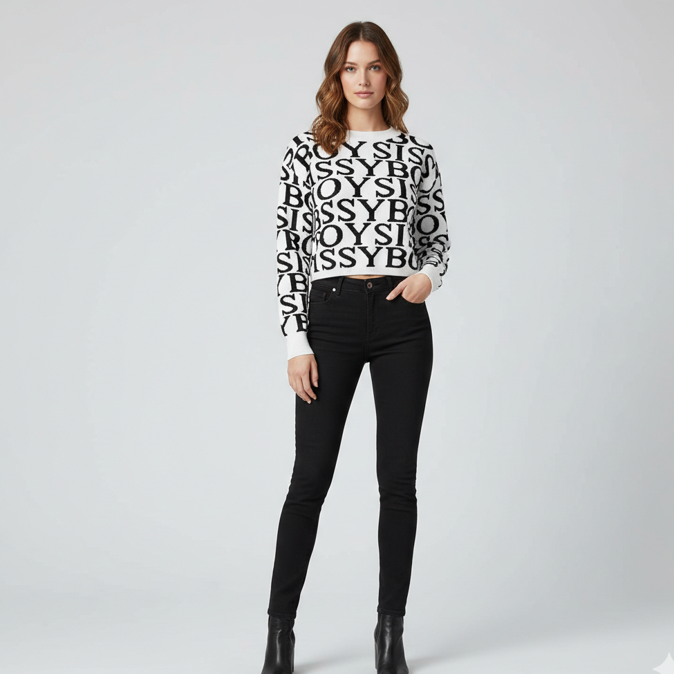 Sissy Boy Chelsea white and black logo knit sweater front view on model