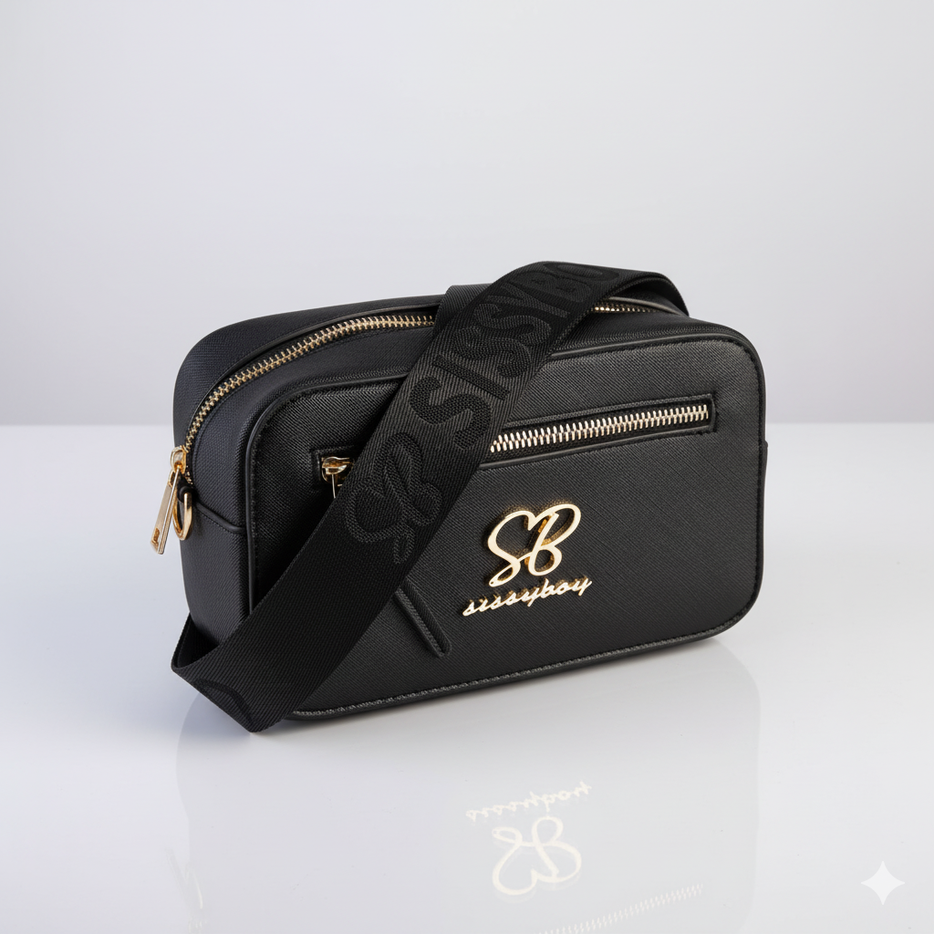 Sissy Boy Basic Camera Crossbody Bag in black with gold detailing
