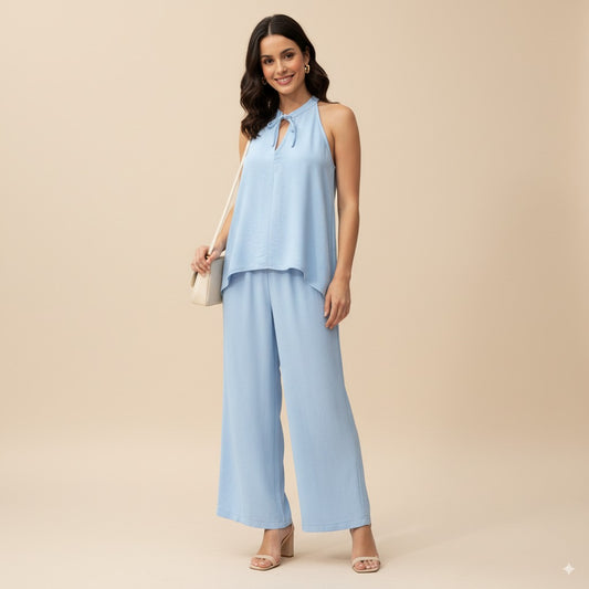 Women's Two-Piece Outfit – Powder Blue Tie-Neck Top with Relaxed Pants