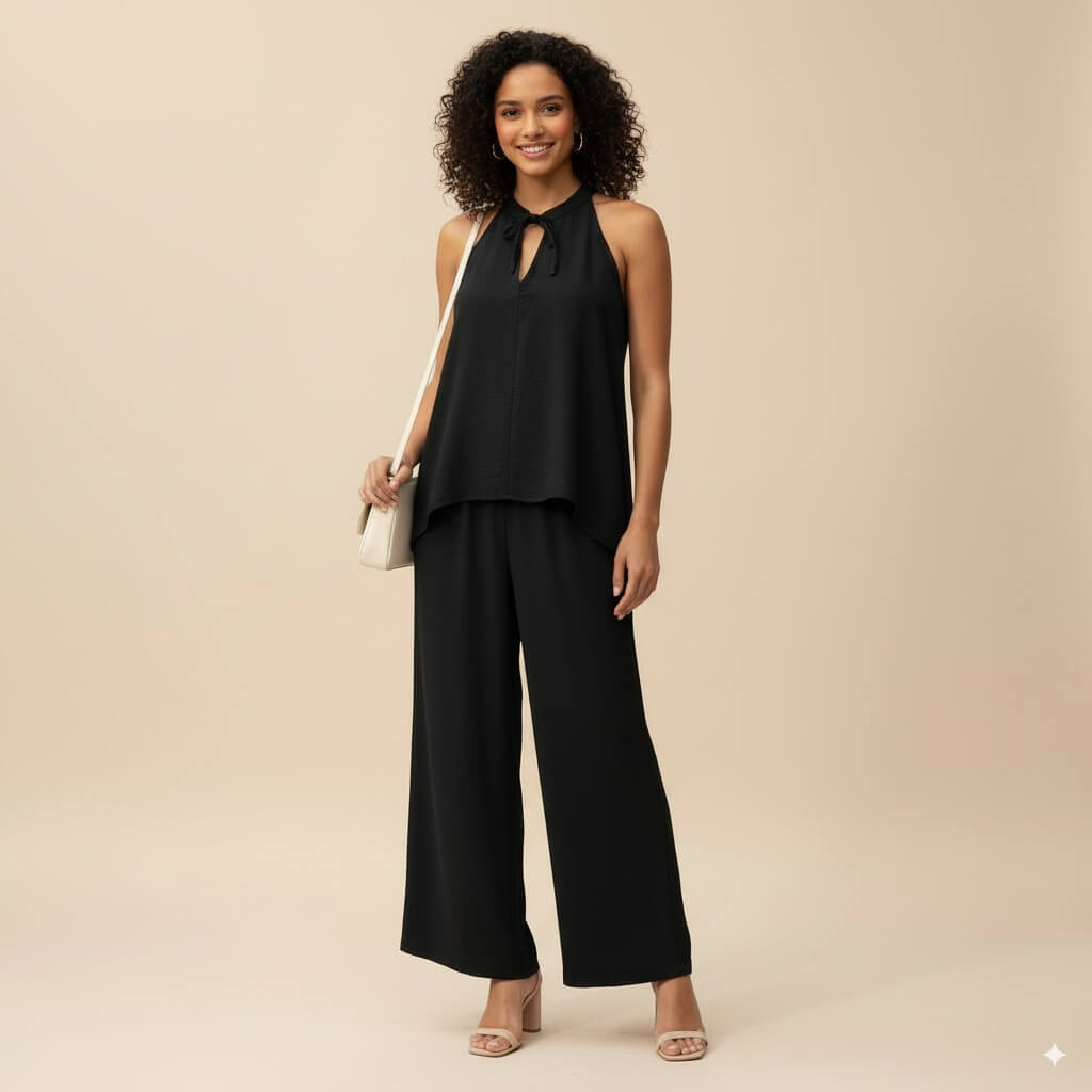 Modern Dynasty Easy Breezy Black Sleeveless Top and Wide-Leg Pants Set