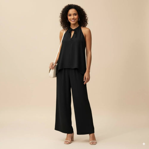 Easy Breezy - Black Sleeveless Tie-Neck Top and Wide-Leg Pants