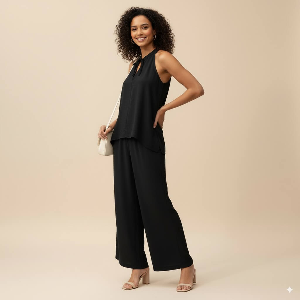Women's Two-Piece Outfit in Black – halter-Neck Top with Relaxed Pants