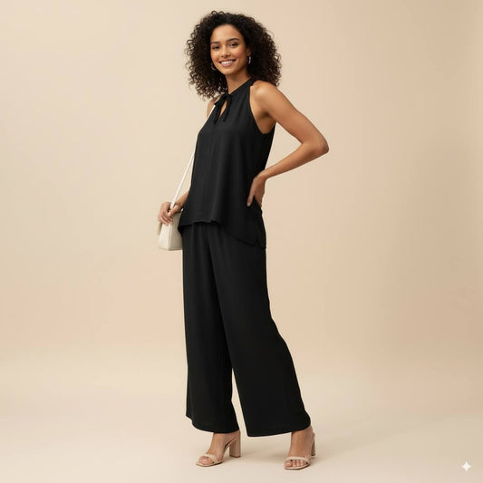 Women's Two-Piece Outfit in Black – halter-Neck Top with Relaxed Pants