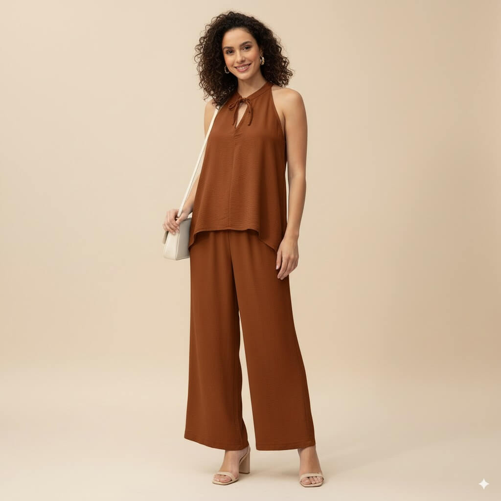 Modern Dynasty Easy Breezy Brown Sleeveless Top and Wide-Leg Pants Set