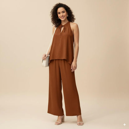 Modern Dynasty Easy Breezy Brown Sleeveless Top and Wide-Leg Pants Set