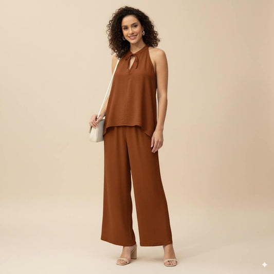Modern Dynasty Easy Breezy Brown Sleeveless Top and Wide-Leg Pants Set