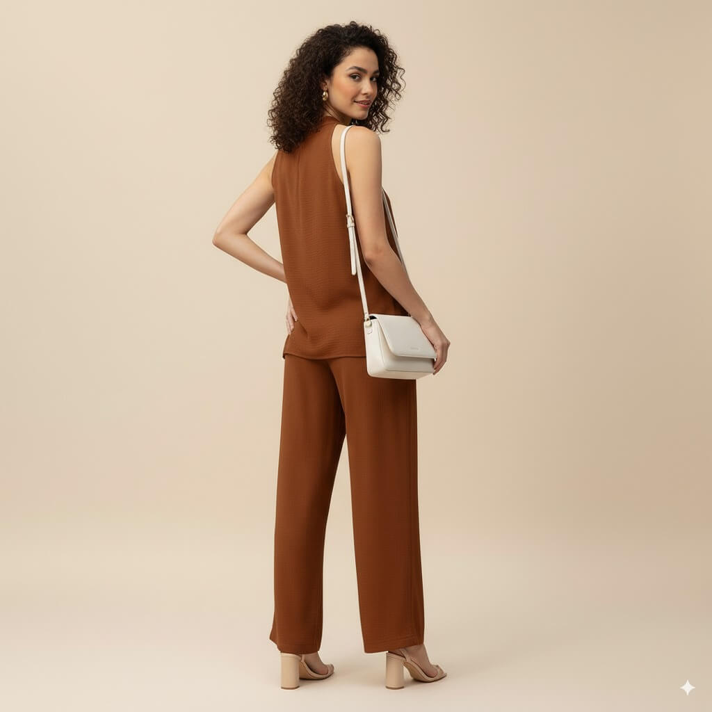 Brown Sleeveless Top and Wide-Leg Pants – Effortless Everyday Look