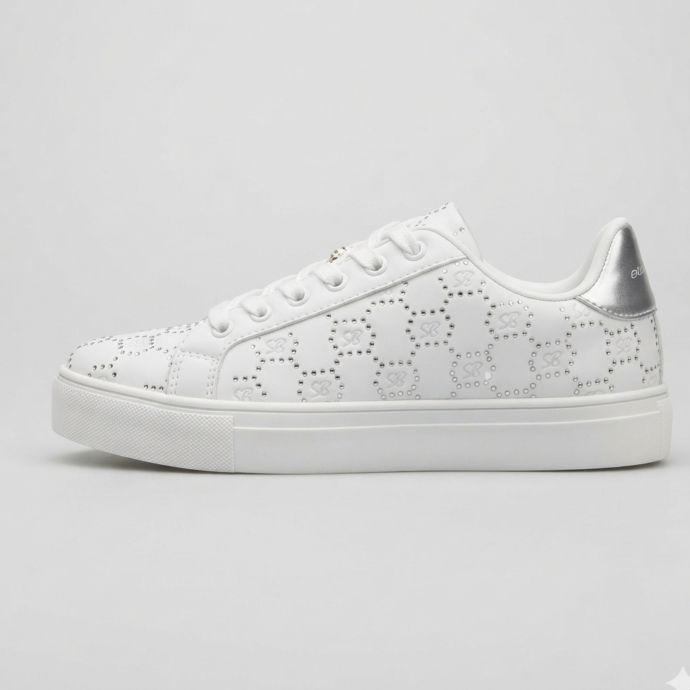White Sissy Boy platform sneaker with rhinestone detailing