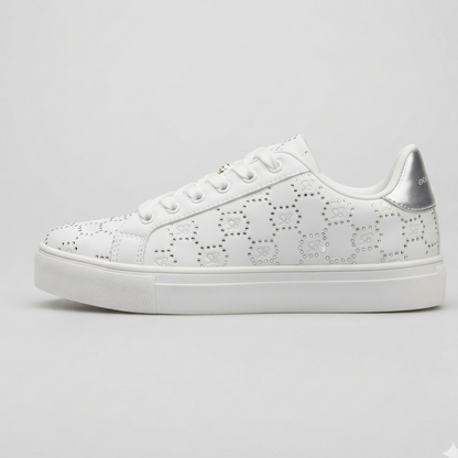 White Sissy Boy platform sneaker with rhinestone detailing