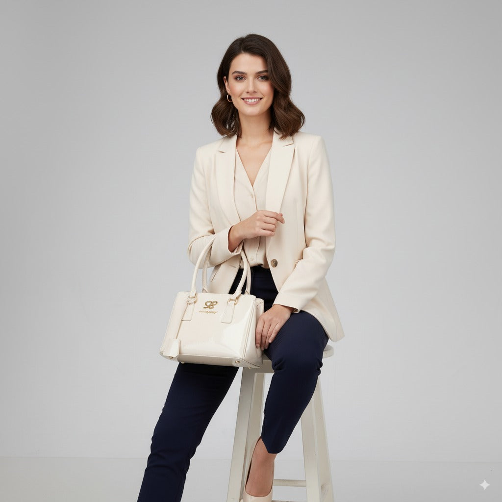 Elegant cream patent Sissy Boy Jacky Shoulder Bag with magnetic closure and zip compartments