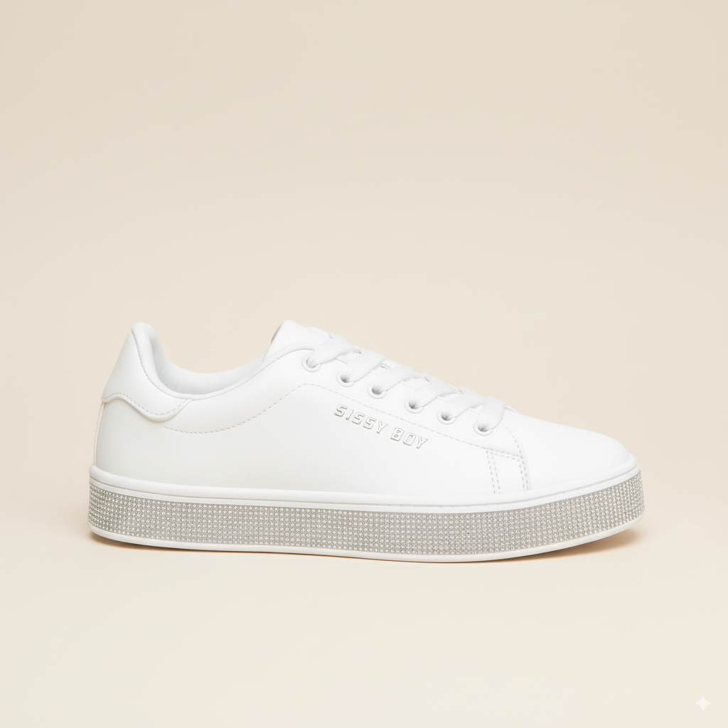 Sissy Boy Duchess White Sneaker – Stylish Women’s Casual Shoe with Rhinestone Sole Detail