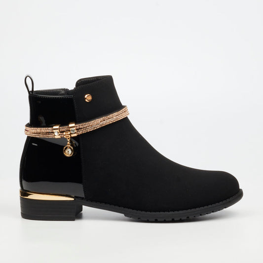 Stylish black women’s ankle boot with gold heel detail and 3cm heel