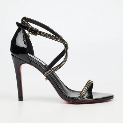 Miss Black Jazz 44 Black Glamour Heel with diamante criss-cross straps and red sole stiletto heel