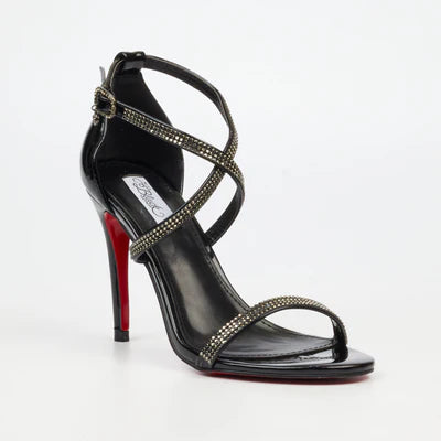 Women's black patent evening heel with diamante ankle straps and 10cm stiletto heel by Miss Black