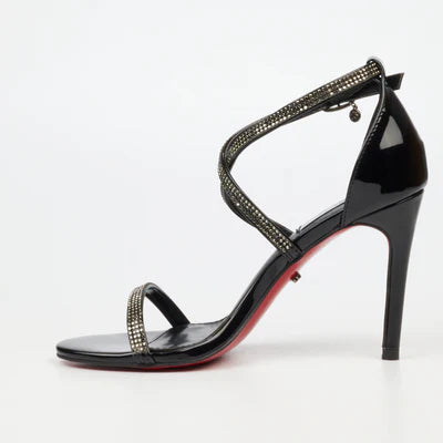 Miss Black black occasion heel with open round toe, diamante embellishments and ankle buckle closure
