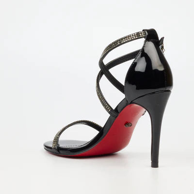 Black evening stiletto heel with crystal diamante criss-cross straps and signature red sole