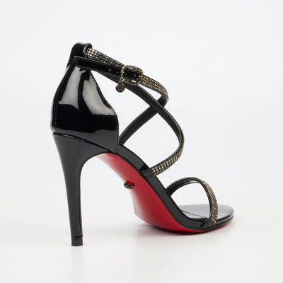 Miss Black Jazz 44 black high heel sandal featuring sparkling diamante straps and red bottom sole