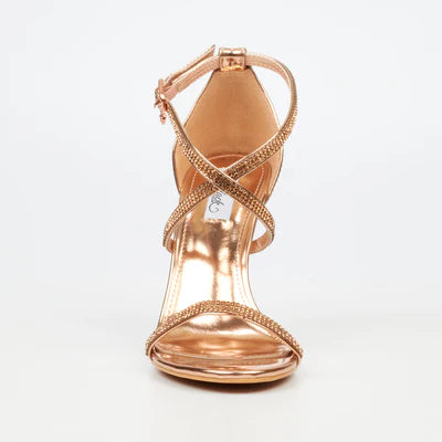 Rose gold formal heel with sparkling diamante detailing and adjustable buckle ankle strap